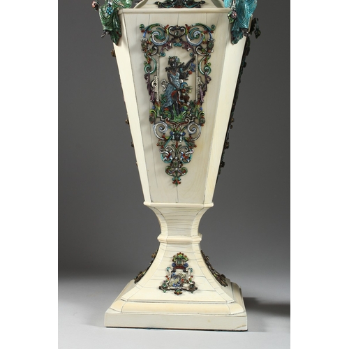 157 - A SUPERB PAIR OF VIENNA IVORY TAPERING VASES AND COVERS, mounted silver and enamel plaques set with ... 