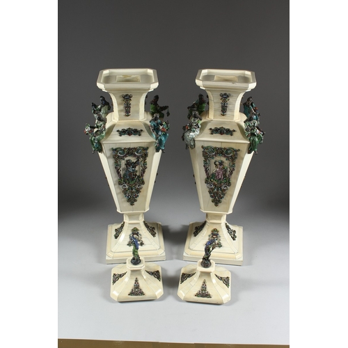 157 - A SUPERB PAIR OF VIENNA IVORY TAPERING VASES AND COVERS, mounted silver and enamel plaques set with ... 