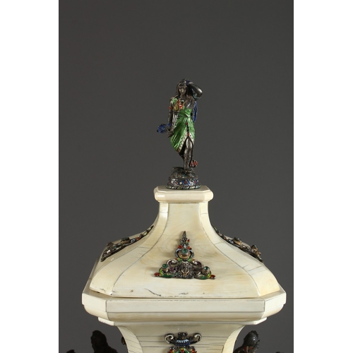 157 - A SUPERB PAIR OF VIENNA IVORY TAPERING VASES AND COVERS, mounted silver and enamel plaques set with ... 