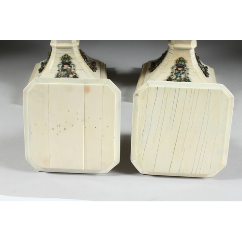 157 - A SUPERB PAIR OF VIENNA IVORY TAPERING VASES AND COVERS, mounted silver and enamel plaques set with ... 