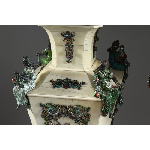 157 - A SUPERB PAIR OF VIENNA IVORY TAPERING VASES AND COVERS, mounted silver and enamel plaques set with ... 