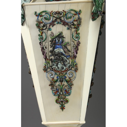 157 - A SUPERB PAIR OF VIENNA IVORY TAPERING VASES AND COVERS, mounted silver and enamel plaques set with ... 