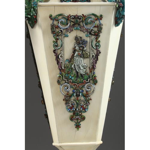 157 - A SUPERB PAIR OF VIENNA IVORY TAPERING VASES AND COVERS, mounted silver and enamel plaques set with ... 