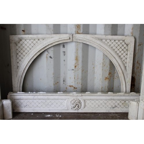 158 - A GOOD CARVED MARBLE FIREPLACE, with broad mantle supported on a pair of classical columns, a carved... 