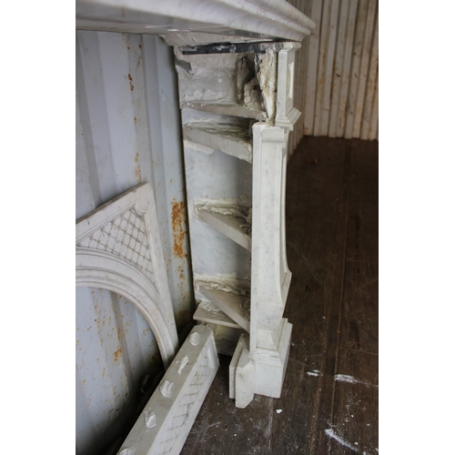 158 - A GOOD CARVED MARBLE FIREPLACE, with broad mantle supported on a pair of classical columns, a carved... 