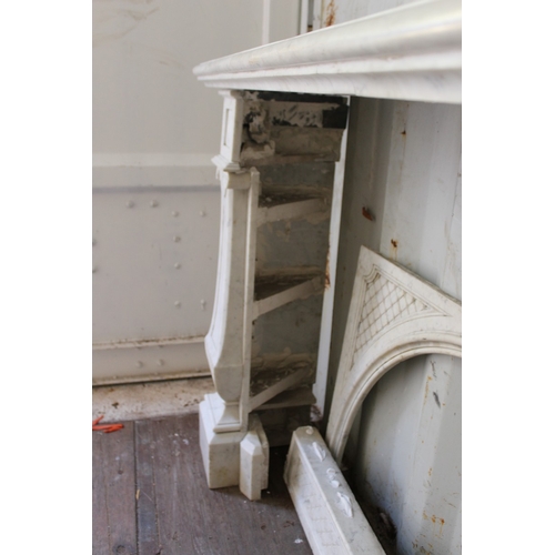 158 - A GOOD CARVED MARBLE FIREPLACE, with broad mantle supported on a pair of classical columns, a carved... 