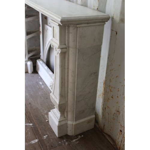 158 - A GOOD CARVED MARBLE FIREPLACE, with broad mantle supported on a pair of classical columns, a carved... 