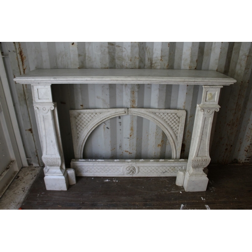 158 - A GOOD CARVED MARBLE FIREPLACE, with broad mantle supported on a pair of classical columns, a carved... 