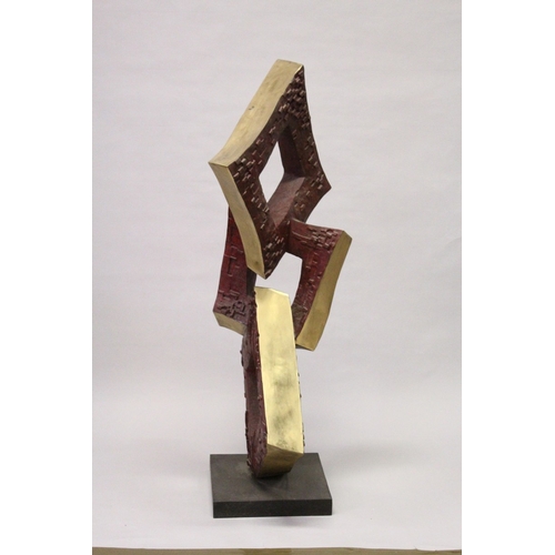 159 - A LARGE POLISHED AND PATINATED BRONZE SCULPTURE, with three entwined squares supported on a plinth b... 