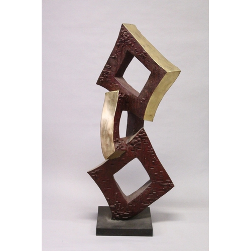 159 - A LARGE POLISHED AND PATINATED BRONZE SCULPTURE, with three entwined squares supported on a plinth b... 