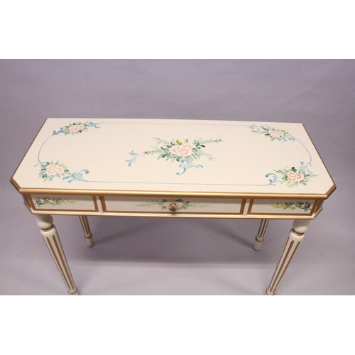 166 - A CREAM AND GILT SINGLE DRAWER SIDE TABLE painted with flowers. 3 ft 4 ins long , 1 ft 4 ins deep, 2... 