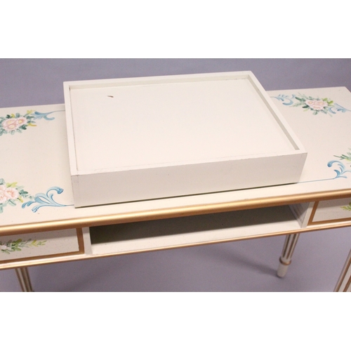 166 - A CREAM AND GILT SINGLE DRAWER SIDE TABLE painted with flowers. 3 ft 4 ins long , 1 ft 4 ins deep, 2... 