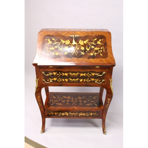 167 - A FRENCH STYLE ROSEWOOD AND MARQUETRY BUREAU with drawers to the interior, two long drawers on cabri... 