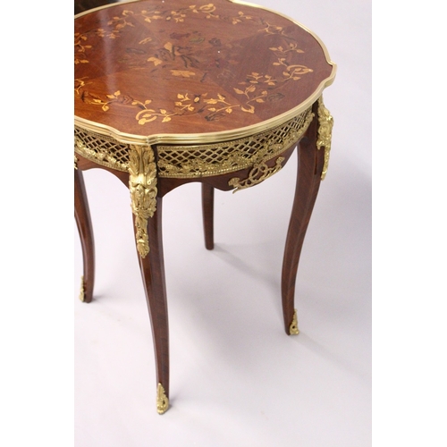 168 - A FRENCH STLYE MAHOGANY AND ORMOLU MOUNTED MARQUETRY CENTRE TABLE, on cabriole legs 1 ft 11 ins diam... 