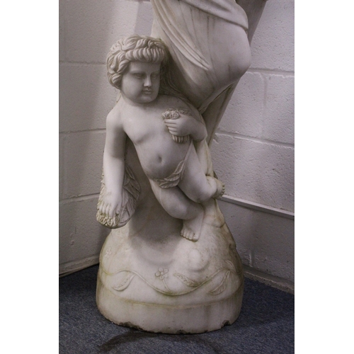 178 - A GOOD ITALIAN CARVED WHITE MARBLE CLASSICAL FEMALE FIGURE, her arms up to her head, long flowing ha... 