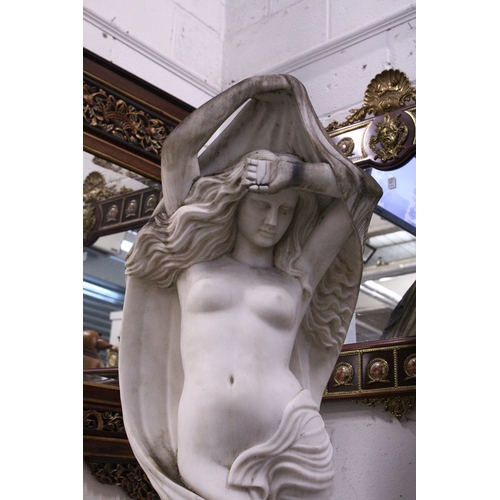 178 - A GOOD ITALIAN CARVED WHITE MARBLE CLASSICAL FEMALE FIGURE, her arms up to her head, long flowing ha... 