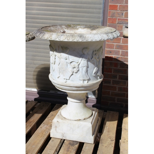 179 - A SUPERB NEAR PAIR OF ITALIAN CARVED WHITE MARBLE URNS ON STANDS, the sides covered with dancing lad... 