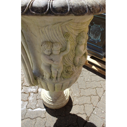 183 - A SUPERB NEAR PAIR OF ITALIAN CARVED WHITE MARBLE TWO HANDLED URNS. the sides carved with cupids wit... 