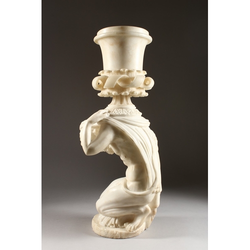 188 - A GOOD 18TH CENTURY ITALIAN ALABASTER URN, a classical male figure holding a vase 24 ins high