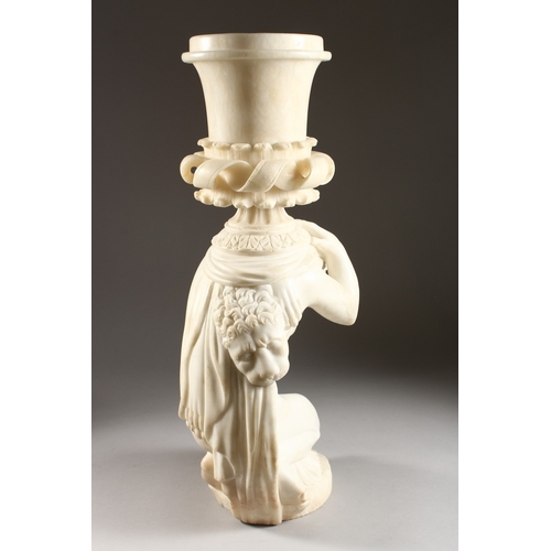 188 - A GOOD 18TH CENTURY ITALIAN ALABASTER URN, a classical male figure holding a vase 24 ins high