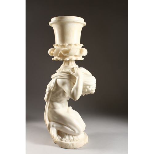 188 - A GOOD 18TH CENTURY ITALIAN ALABASTER URN, a classical male figure holding a vase 24 ins high