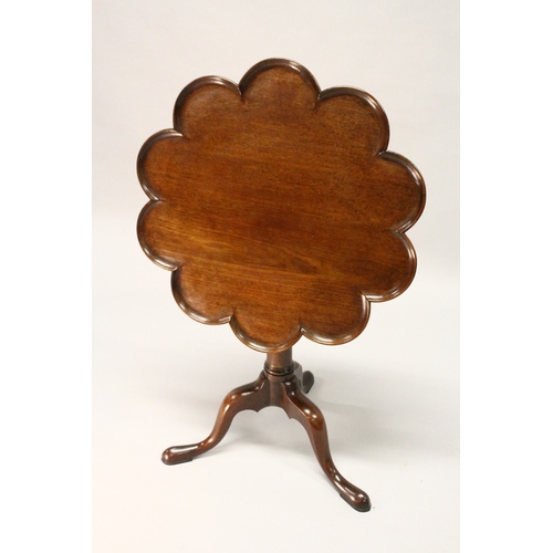 204 - A GOOD GEORGE III MAHOGANY TILT TOP TRIPOD TABLE, with a lobed, dished top, plain turned column supp... 