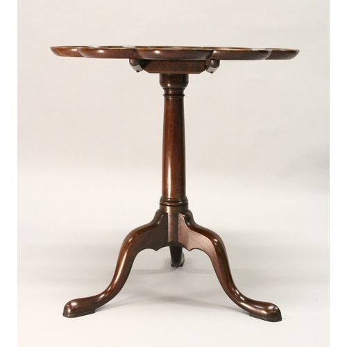 204 - A GOOD GEORGE III MAHOGANY TILT TOP TRIPOD TABLE, with a lobed, dished top, plain turned column supp... 