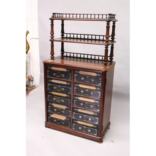 206 - A 19th Century French Cartonniere, the top with two shelves over a base with five rows of leather fr... 