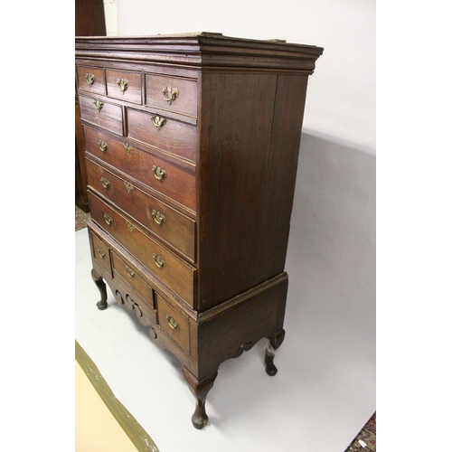 215 - AN 18TH CENTURY CHEST ON STAND with mould cornice, three frieze drawers over two short and two long,... 