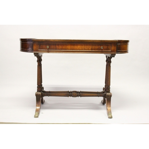 216 - A REGENCY DESIGN MAHOGANY SIDE TABLE, with a  single drawer, the bowed ends with zinc liners, suppor... 