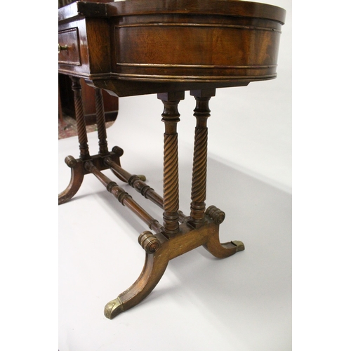 216 - A REGENCY DESIGN MAHOGANY SIDE TABLE, with a  single drawer, the bowed ends with zinc liners, suppor... 