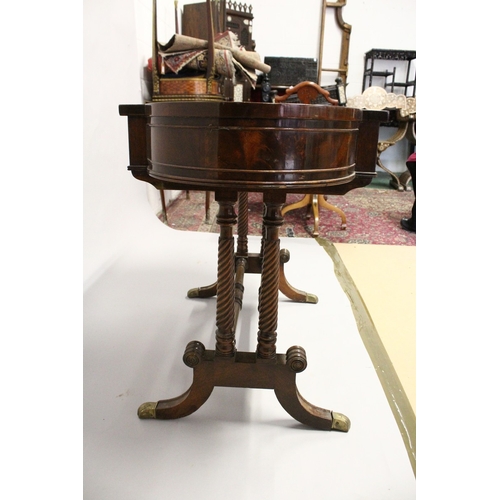 216 - A REGENCY DESIGN MAHOGANY SIDE TABLE, with a  single drawer, the bowed ends with zinc liners, suppor... 