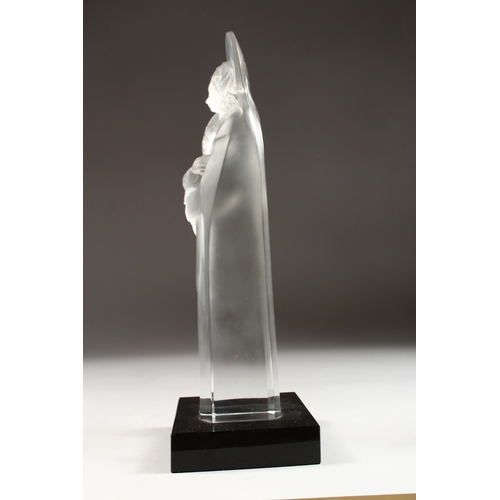 236 - A LARGE LALIQUE CRYSTAL MADONNA AND CHILD, CIRCA 1950 on a black base. Signed, 13.5 ins high