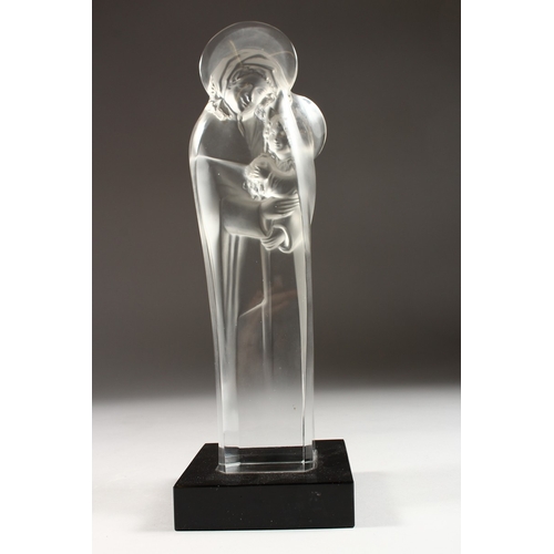 236 - A LARGE LALIQUE CRYSTAL MADONNA AND CHILD, CIRCA 1950 on a black base. Signed, 13.5 ins high