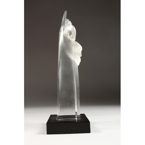 236 - A LARGE LALIQUE CRYSTAL MADONNA AND CHILD, CIRCA 1950 on a black base. Signed, 13.5 ins high