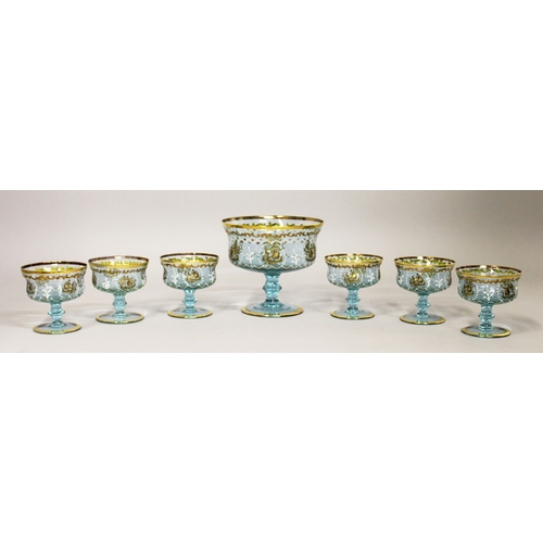 246 - A GOOD CONTINENTAL NEODYMIUM GLASS ICE CREAM SET with gilt and enamel decoration, comprising pedesta... 