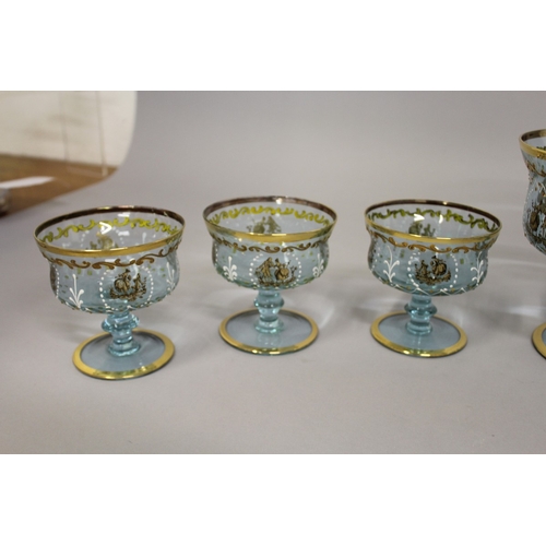 246 - A GOOD CONTINENTAL NEODYMIUM GLASS ICE CREAM SET with gilt and enamel decoration, comprising pedesta... 