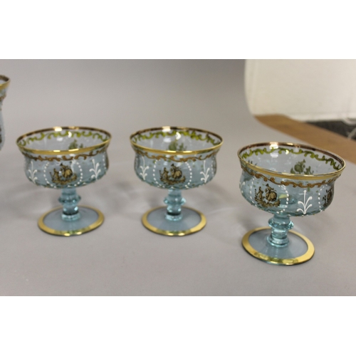 246 - A GOOD CONTINENTAL NEODYMIUM GLASS ICE CREAM SET with gilt and enamel decoration, comprising pedesta... 