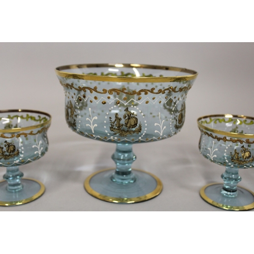 246 - A GOOD CONTINENTAL NEODYMIUM GLASS ICE CREAM SET with gilt and enamel decoration, comprising pedesta... 