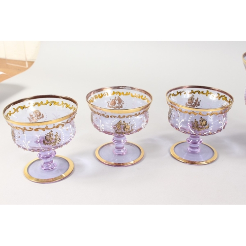 246 - A GOOD CONTINENTAL NEODYMIUM GLASS ICE CREAM SET with gilt and enamel decoration, comprising pedesta... 