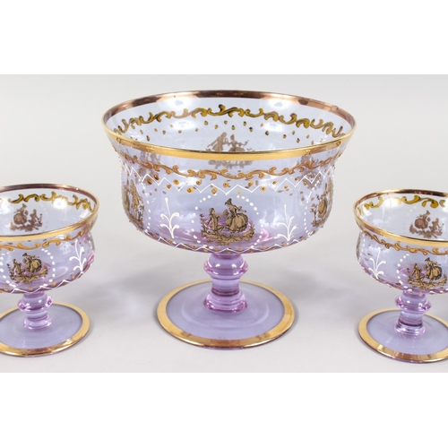 246 - A GOOD CONTINENTAL NEODYMIUM GLASS ICE CREAM SET with gilt and enamel decoration, comprising pedesta... 