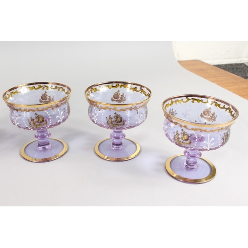 246 - A GOOD CONTINENTAL NEODYMIUM GLASS ICE CREAM SET with gilt and enamel decoration, comprising pedesta... 