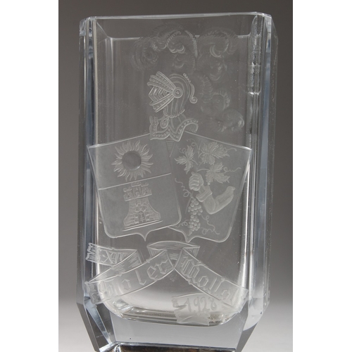 250 - A GOOD POSSIBLY BACCARAT GLASS VASE engraved with coat of arms on silver base 8.5ins high