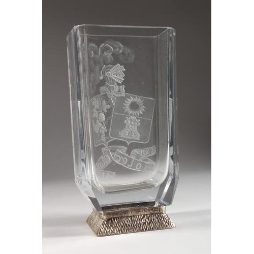 250 - A GOOD POSSIBLY BACCARAT GLASS VASE engraved with coat of arms on silver base 8.5ins high