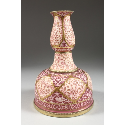 255 - A ZSOLNAY MALLET SHAPED VASE, impressed Zsolnay no. 2847 and printed mark, 8 inches high.