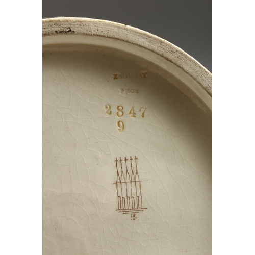 255 - A ZSOLNAY MALLET SHAPED VASE, impressed Zsolnay no. 2847 and printed mark, 8 inches high.