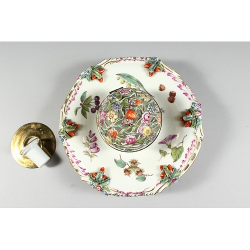 259 - A GOOD 19TH CENTURY CONTINENTAL PORCELAIN CIRCULAR INKSTAND with pierced floral top, painted with fl... 