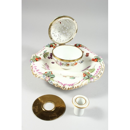 259 - A GOOD 19TH CENTURY CONTINENTAL PORCELAIN CIRCULAR INKSTAND with pierced floral top, painted with fl... 