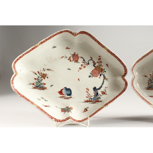 264 - A PAIR OF BOW KAKIEMON LOZENGE SHAPED DISHES. 12ins long x 9.5ins wide.