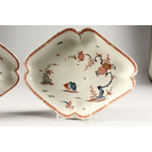 264 - A PAIR OF BOW KAKIEMON LOZENGE SHAPED DISHES. 12ins long x 9.5ins wide.